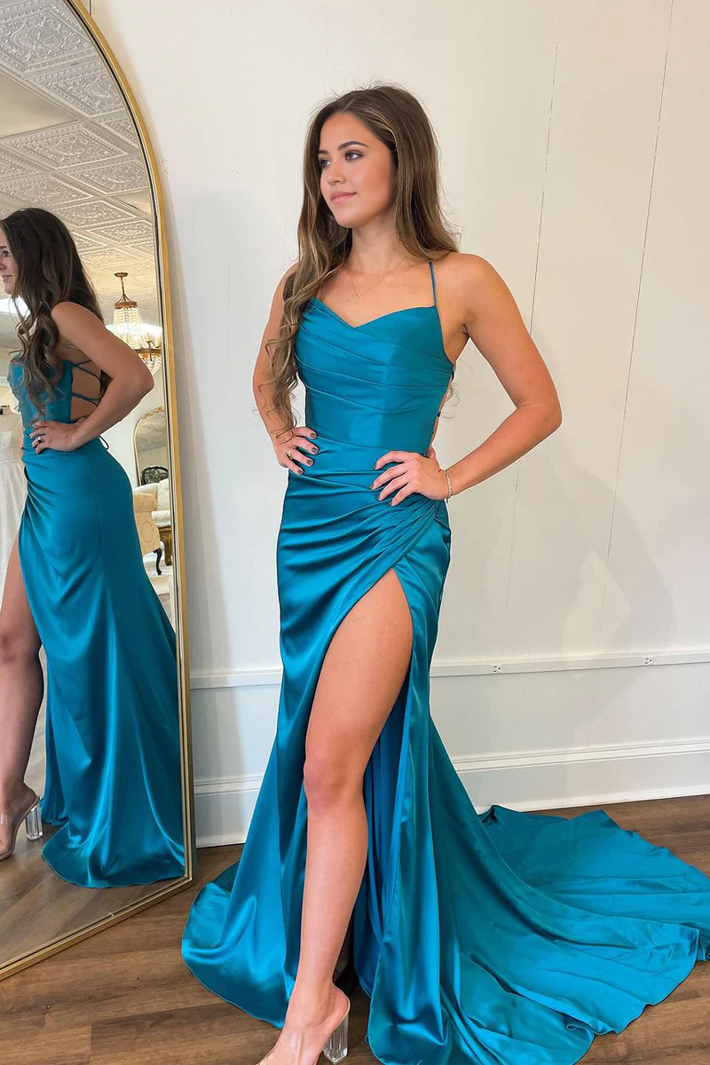 Mermaid Sweetheart Cute Peacock Blue Silk Satin Long Prom Dress with Slit